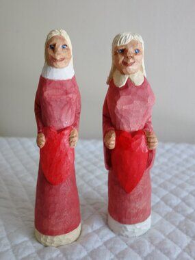 Two Hand Carved Wooden Folk Art Women Holding Hearts – Signed Dave Wisselbrett